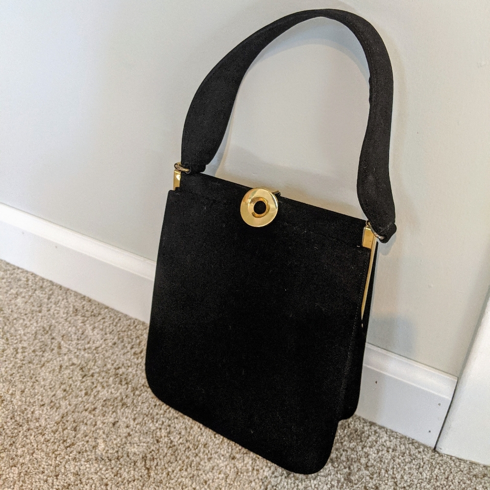 Vintage 1960 DeMarly black suede gold bag purse
